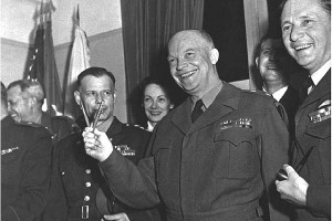 Gen. Dwight Eisenhower holds up 2 of the pens used to sign the German surrender, ending World War II in Europe in May of 1945. One of those pens is a Parker 51, which is now on display in Paris' Musee de l'Armee.