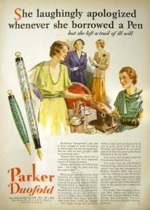 Despite the beautiful watercolor painting and classic 1930s fashion, this vintage pen ad is loaded with sexism that seems sure to guarantee the Lady Duofold never sold.