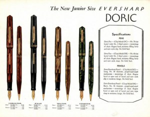 Here is the page from the 1932 Everharp catalog that shows the very Doric Junior model we carry. Notice how this rep's catalog is color but most of the pen ads are black and white. With such beautiful pens, why weren't all their ads color?