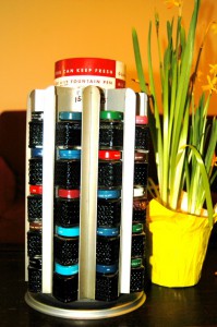 The Sanford Ink Company is one of the oldest ink companies in the world that is still in operation. They made many colors of fountain pen inks since 1857, and they invented the Sharpie in 1964! This Sanford Ink display is a metal carousel that is most likely from the late 1940s or early 1950s.