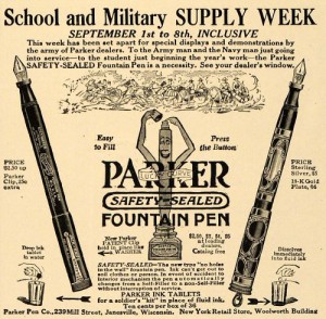 Enlist the safety-sealed button filling Parker pens for your needs at school or while fighting in the trenches in this classic WWI Parker ad.