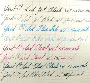 Check out the new bottled ink we carry. Yard-O-Led inks come in four colors: Jet Black, Blue, Blue/Black and Claret. Look closely to see great shading in the Jet Black and Blue/Black. The Blue and Claret are radiant wonders that are treat with which to write.