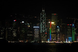 This is the night view of the colorful lights on Hong Kong Island as seen from the deck of the Star Ferry in Victoria Harbour.