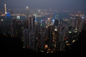 Here is the view of Hong Kong from Victoria Peak, after the lights have come on at night. This is on Hong Kong Island looking over Victoria Harbour and Kowloon, the mainland part of Hong Kong.