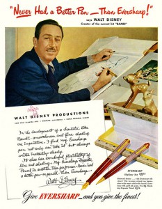 Walt Disney famously became a spokesperson for Wahl-Eversharp and its line of Skyline pens. The way Disney discusses the responsiveness of the nib, we figure he must have been given one of the famous and rare flex nibs Eversharp made.