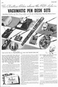 Check out these great desk sets Parker was offering in 1936. Imagine stumbling on a pen shop back in the day with those looking minty fresh.